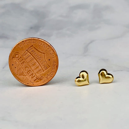 14K Yellow Gold Small Puffy Heart Stud Earrings - Solid Gold