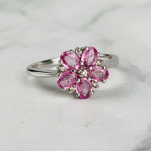 Vintage 9K/9ct White Gold Pale Pink Quartz and Diamond Floral Ring - Size 6 US