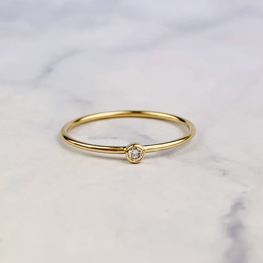 14K Solid Gold 1mm Stacking Ring / Stackable Ring with Genuine Diamond - Size 6 US