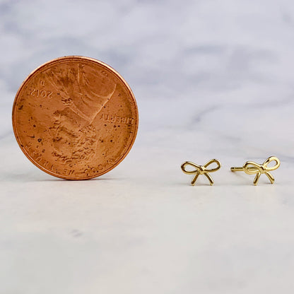 14K Yellow Gold Tiny Bow Stud Earrings - Solid Gold