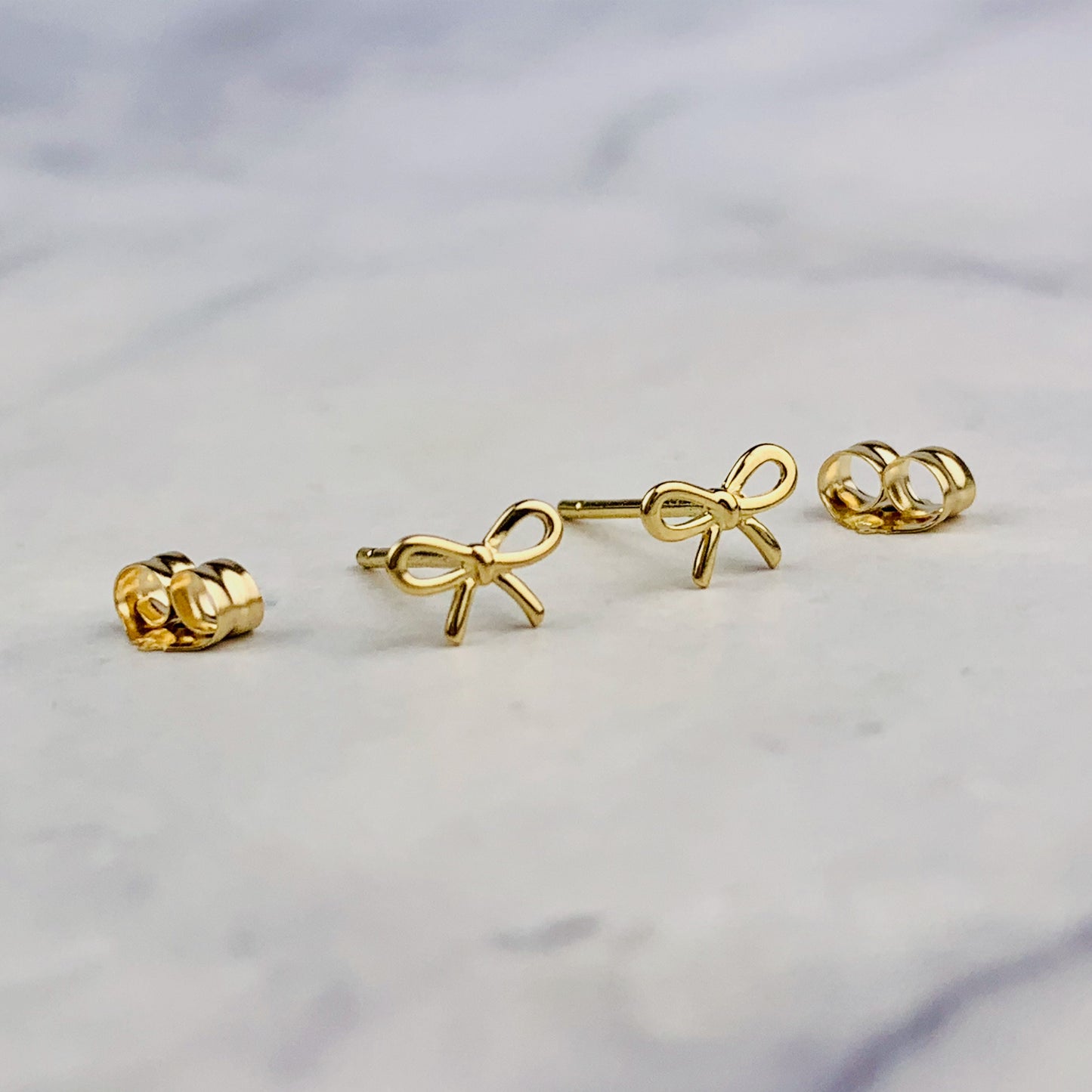 14K Yellow Gold Tiny Bow Stud Earrings - Solid Gold