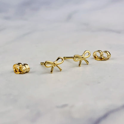 14K Yellow Gold Tiny Bow Stud Earrings - Solid Gold