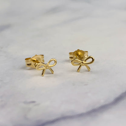 14K Yellow Gold Tiny Bow Stud Earrings - Solid Gold