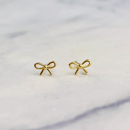 14K Yellow Gold Tiny Bow Stud Earrings - Solid Gold