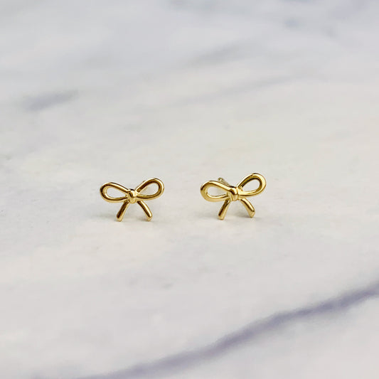 14K Yellow Gold Tiny Bow Stud Earrings - Solid Gold