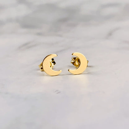 14K Solid Gold Crescent Moon Stud Earrings