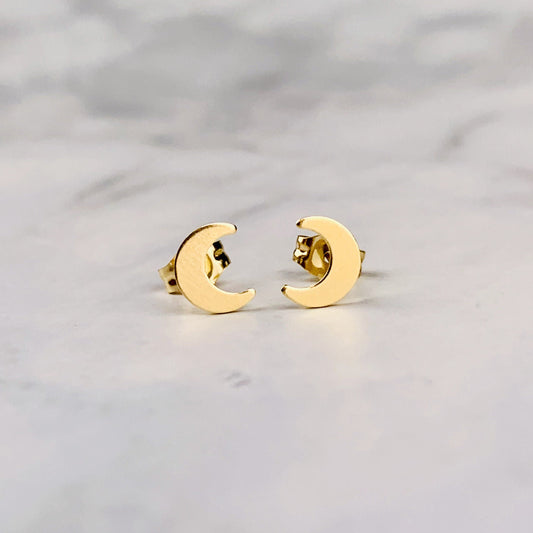 14K Solid Gold Crescent Moon Stud Earrings