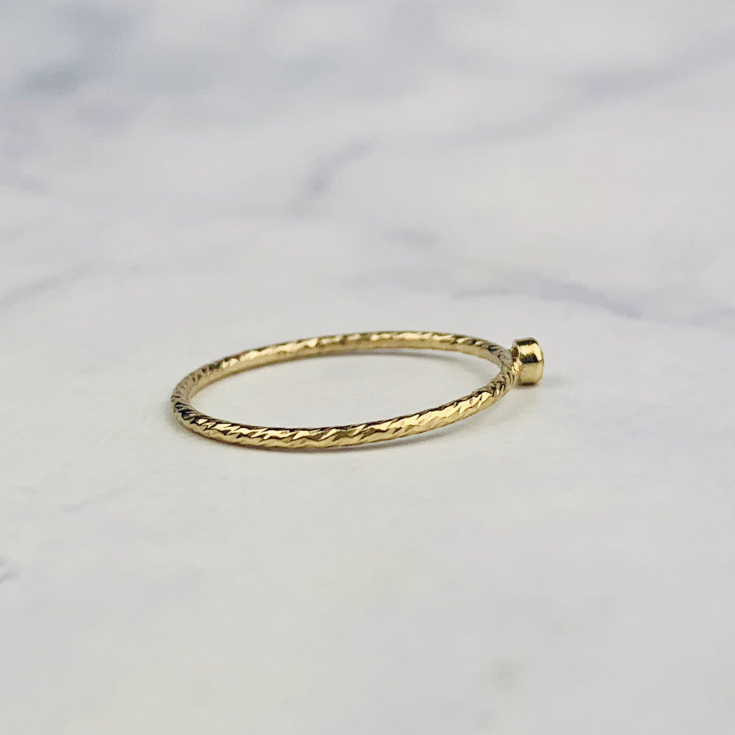 14K Gold Filled 0.9mm Stacking Ring / Stackable Ring with Bezel Set Cubic Zirconia and Etched Rope Design Band