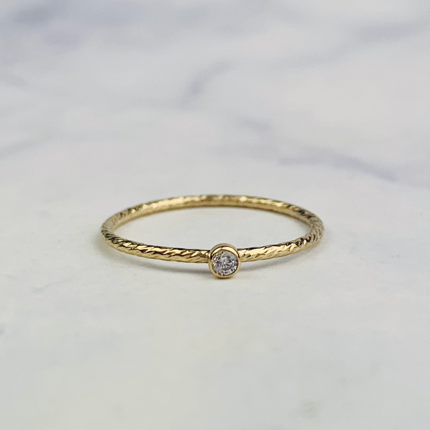 14K Gold Filled 0.9mm Stacking Ring / Stackable Ring with Bezel Set Cubic Zirconia and Etched Rope Design Band