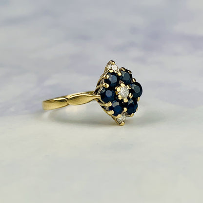 Vintage 9K Gold Sapphire and Diamond Cluster / Marquise Crown Ring - Size 8 US