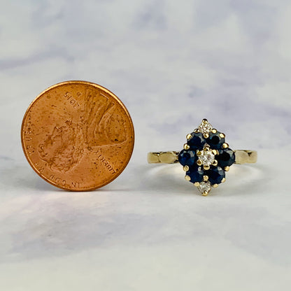 Vintage 9K Gold Sapphire and Diamond Cluster / Marquise Crown Ring - Size 8 US