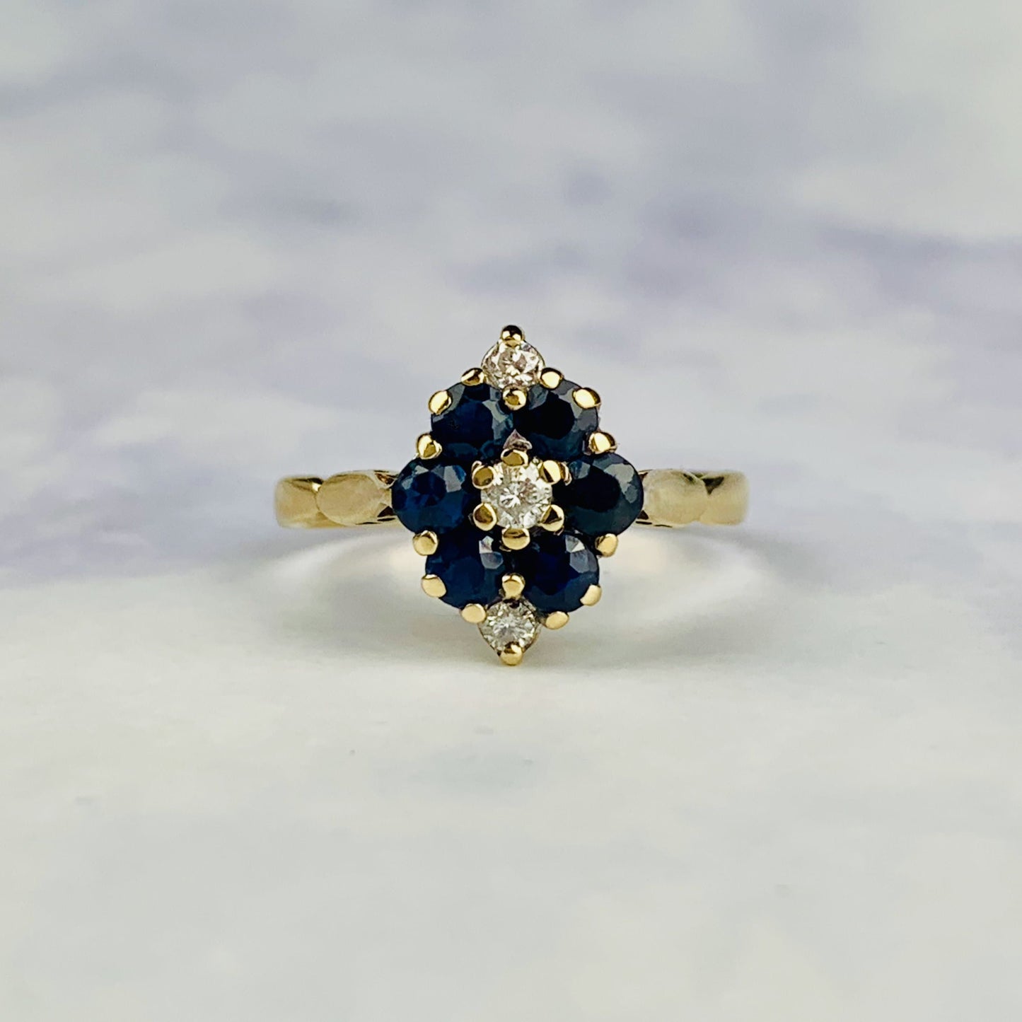 Vintage 9K Gold Sapphire and Diamond Cluster / Marquise Crown Ring - Size 8 US