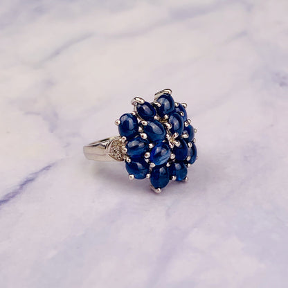 Vintage 9K/ 9ct White Gold Cabochon Sapphire Cluster Dome Ring / Kapow Ring / Statement Ring - Size 5.75 US