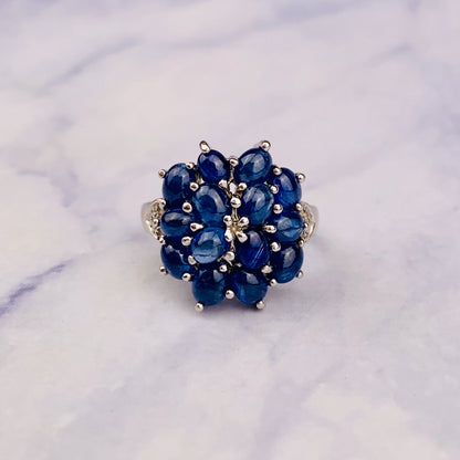 Vintage 9K/ 9ct White Gold Cabochon Sapphire Cluster Dome Ring / Kapow Ring / Statement Ring - Size 5.75 US