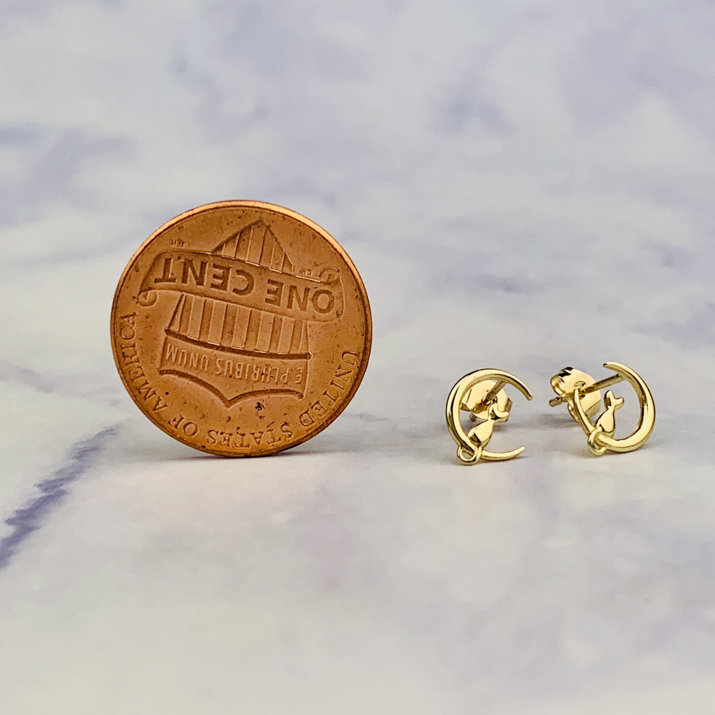 9K Solid Gold Cat on Crescent Moon Stud Earrings