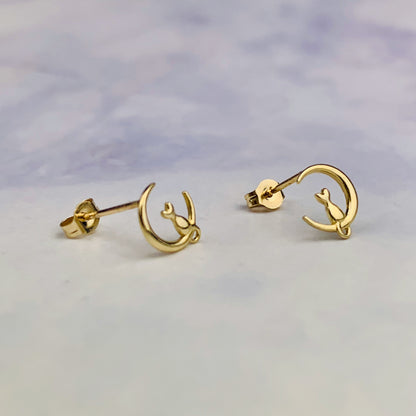 9K Solid Gold Cat on Crescent Moon Stud Earrings