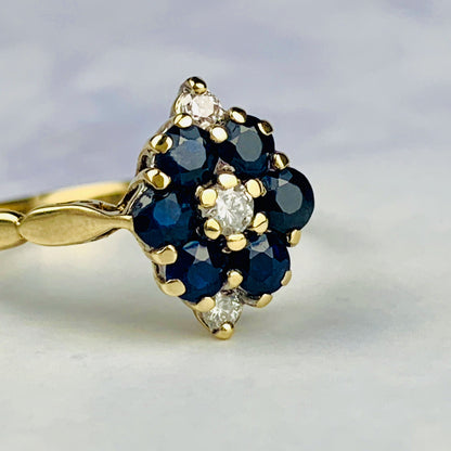 Vintage 9K Gold Sapphire and Diamond Cluster / Marquise Crown Ring - Size 8 US