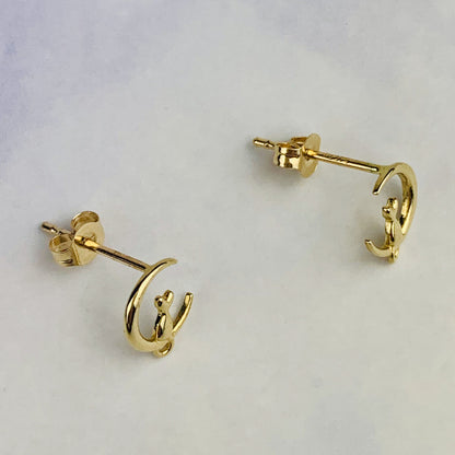 9K Solid Gold Cat on Crescent Moon Stud Earrings