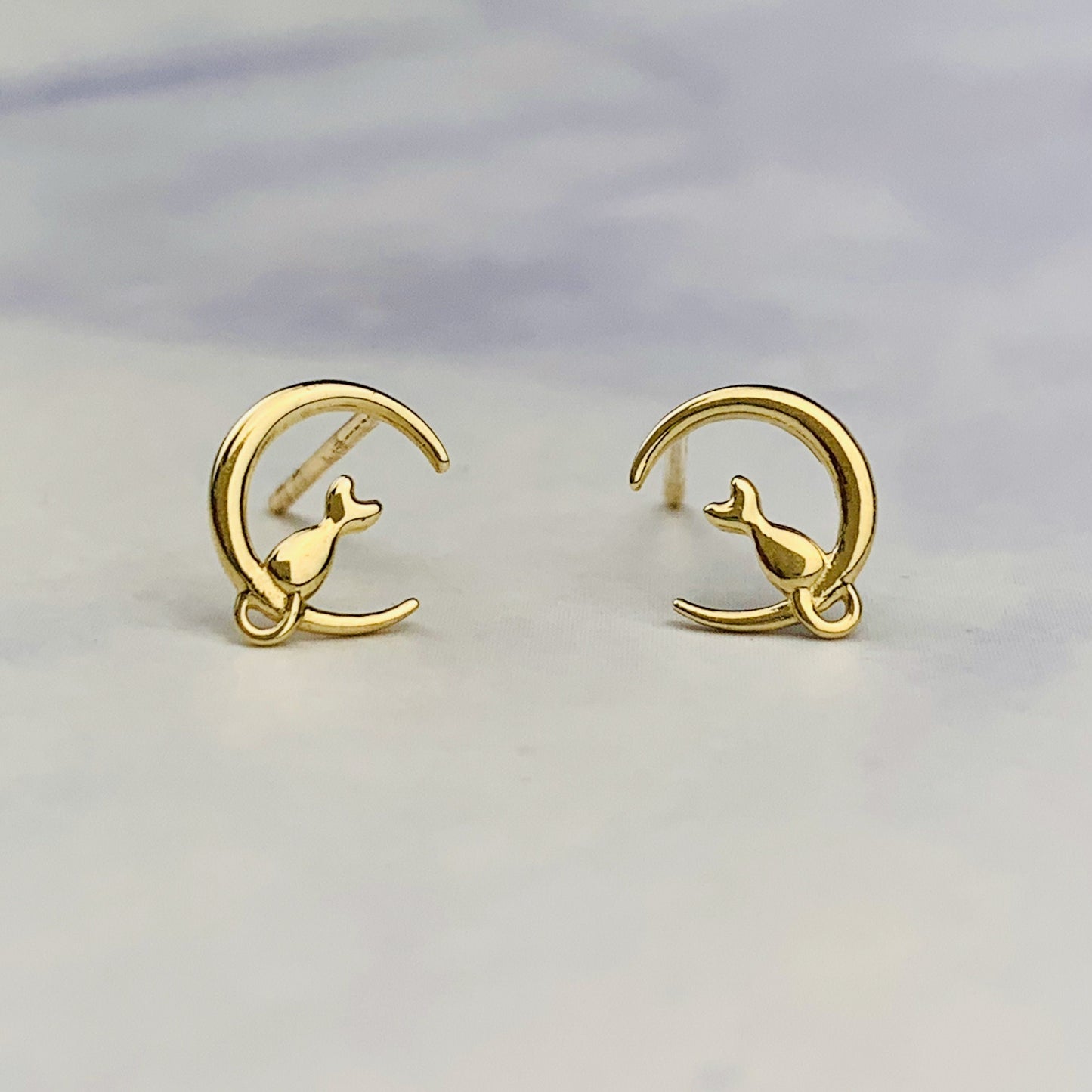 9K Solid Gold Cat on Crescent Moon Stud Earrings