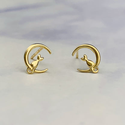 9K Solid Gold Cat on Crescent Moon Stud Earrings