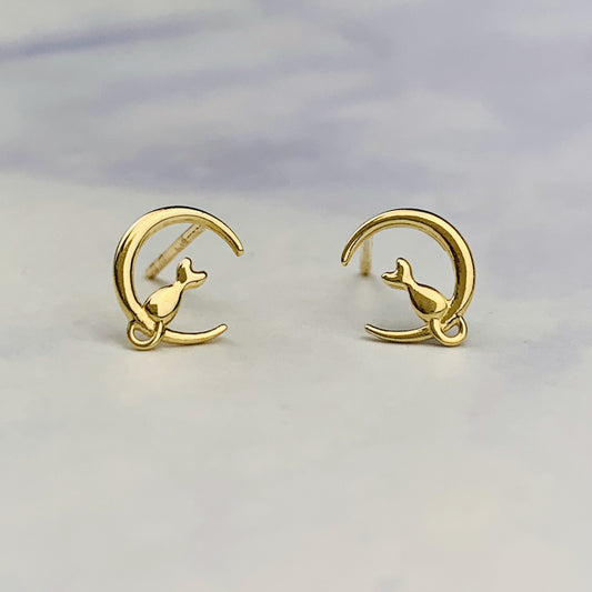 9K Solid Gold Cat on Crescent Moon Stud Earrings