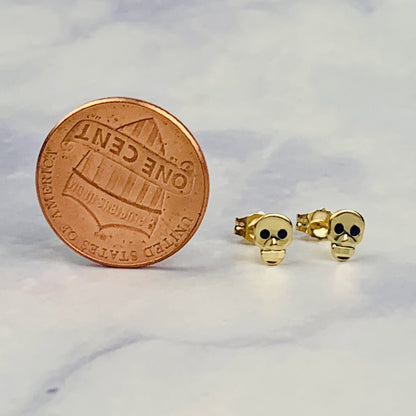 14K Solid Gold Small Skull Stud Earrings with Black Hot Enamel Eyes - 5.5mm x 4mm