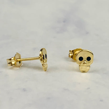 14K Solid Gold Small Skull Stud Earrings with Black Hot Enamel Eyes - 5.5mm x 4mm