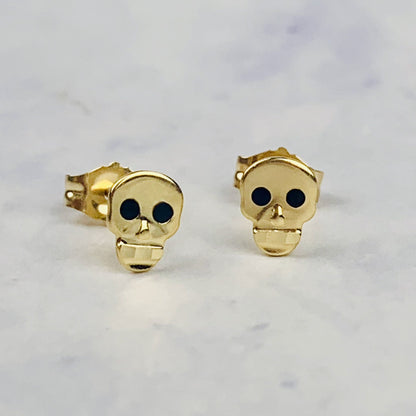 14K Solid Gold Small Skull Stud Earrings with Black Hot Enamel Eyes - 5.5mm x 4mm