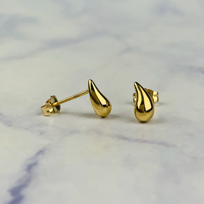 14K Yellow Gold Puffy Tear Drop Stud Earrings - Solid Gold