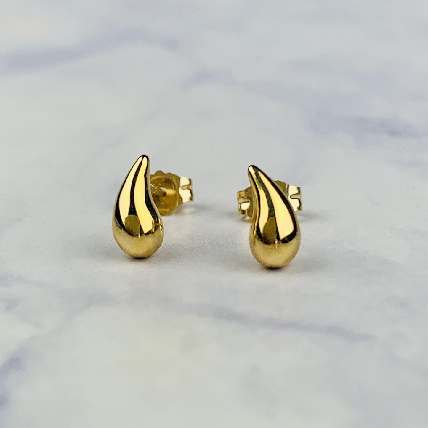 14K Yellow Gold Puffy Tear Drop Stud Earrings - Solid Gold