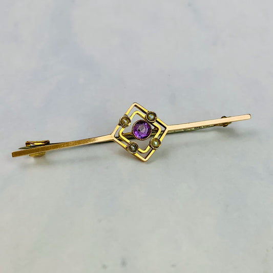 Vintage 9k Yellow Gold Bar Pin / Brooch with Amethyst and Seed Pearls