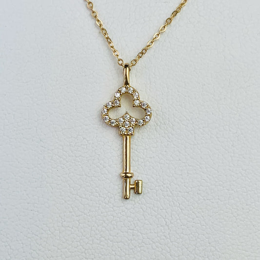 9K / 9ct Yellow Gold Key Charm / Pendant paved with Cubic Zirconia Stones *optional 14K Gold Cable Link Chain 16" or 18"