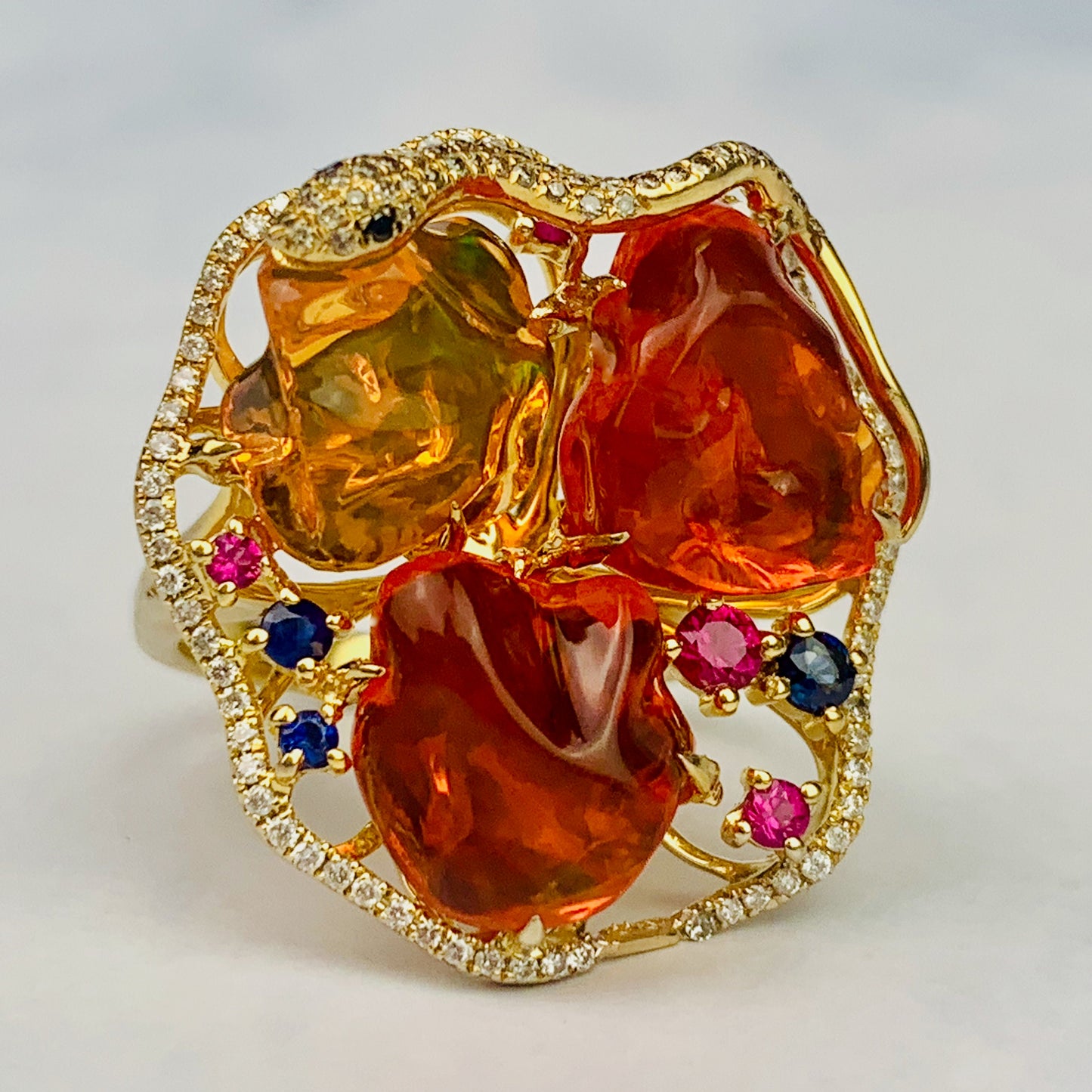 Estate 18k Yellow Gold Triple Mexican Fire Opal Diamond / Sapphire / Ruby Statement Ring / Designer Fine Jewelry