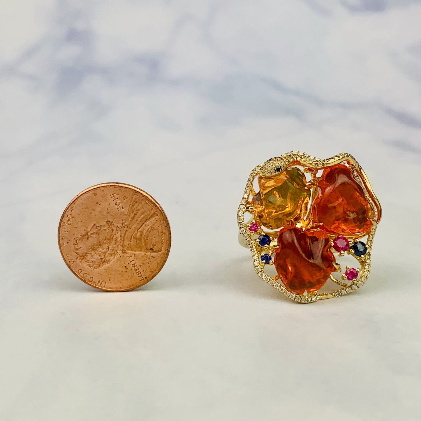 Estate 18k Yellow Gold Triple Mexican Fire Opal Diamond / Sapphire / Ruby Statement Ring / Designer Fine Jewelry