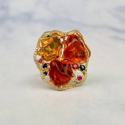 Estate 18k Yellow Gold Triple Mexican Fire Opal Diamond / Sapphire / Ruby Statement Ring / Designer Fine Jewelry