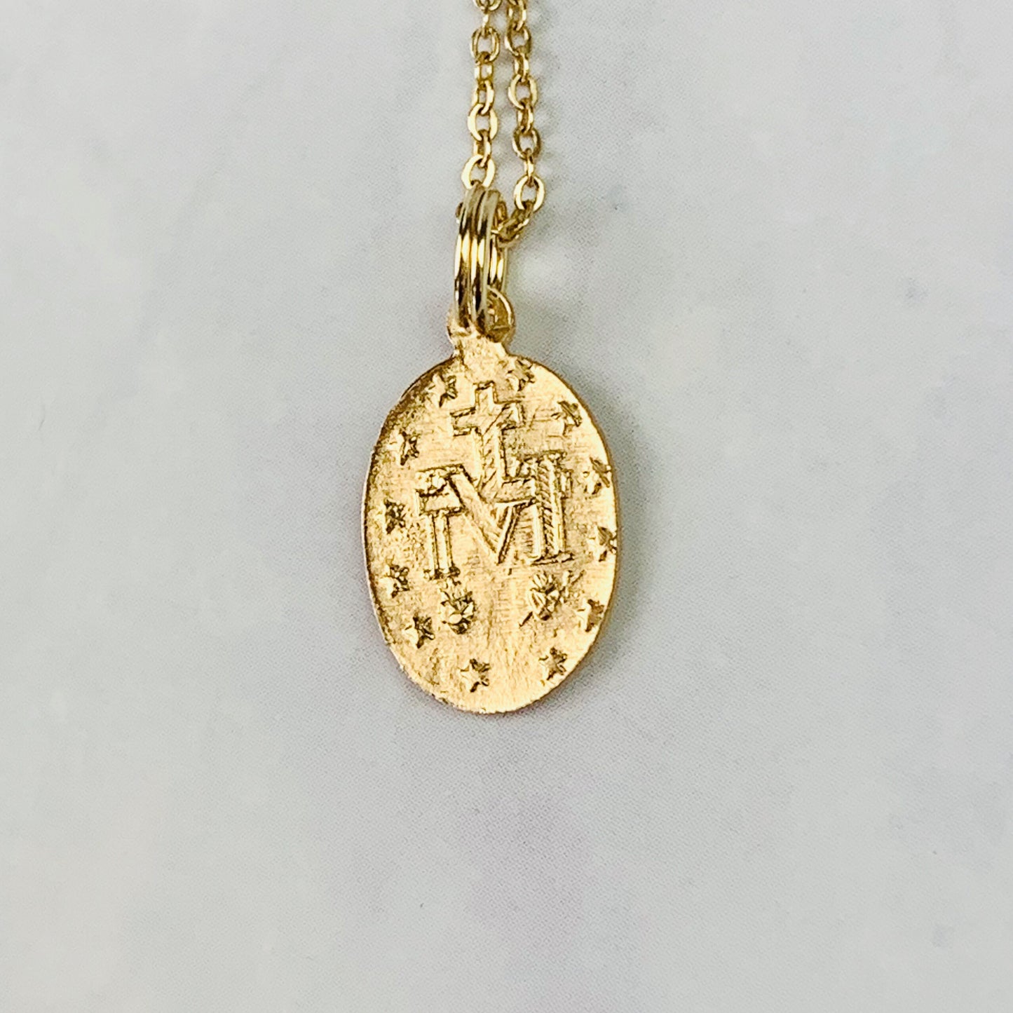 14K Yellow Gold Miraculous Medal, Virgin Mary Charm Pendant, Marian Cross Charm *optional 14K Gold Cable Link Chain 16" or 18"