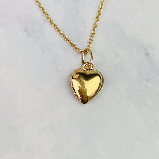 14K Yellow Solid Gold Puffy Heart Charm / Pendant / Necklace *optional 14K Gold Cable Link Chain 16" or 18"