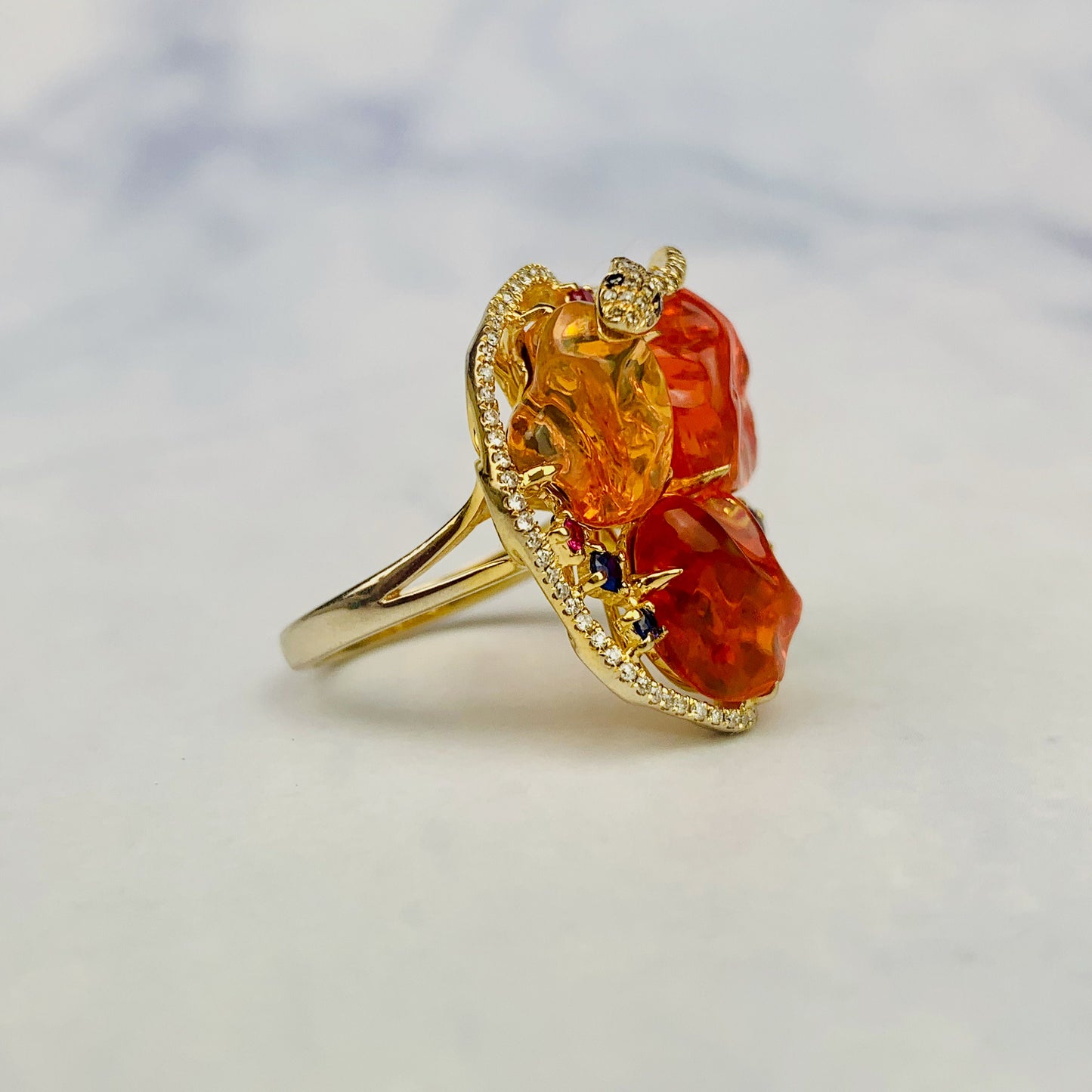 Estate 18k Yellow Gold Triple Mexican Fire Opal Diamond / Sapphire / Ruby Statement Ring / Designer Fine Jewelry