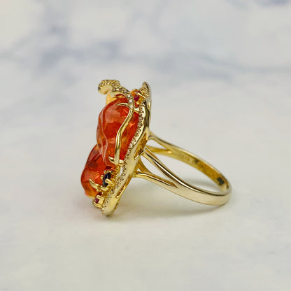 Estate 18k Yellow Gold Triple Mexican Fire Opal Diamond / Sapphire / Ruby Statement Ring / Designer Fine Jewelry