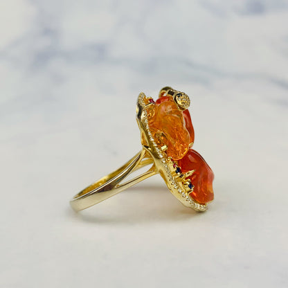 Estate 18k Yellow Gold Triple Mexican Fire Opal Diamond / Sapphire / Ruby Statement Ring / Designer Fine Jewelry