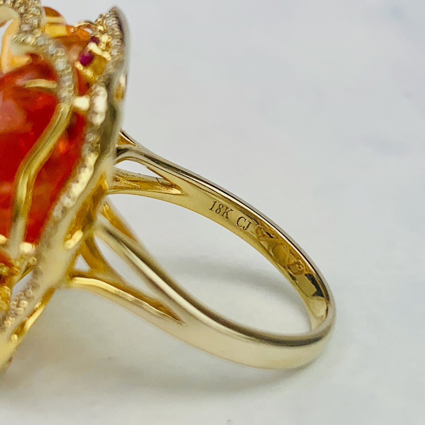 Estate 18k Yellow Gold Triple Mexican Fire Opal Diamond / Sapphire / Ruby Statement Ring / Designer Fine Jewelry