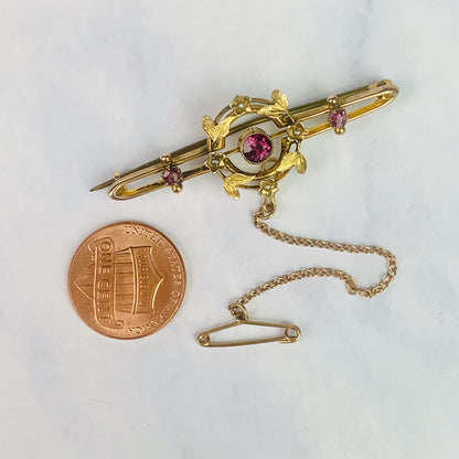 Antique 9K / 9ct Yellow Gold Bar Brooch / Pin with Seed Pearls and Garnet Stones - 2.865 grams