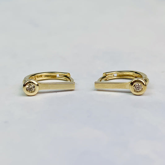 14K Yellow Gold Bezel Set Diamond Hoop / Mini Huggies with Straight Bar