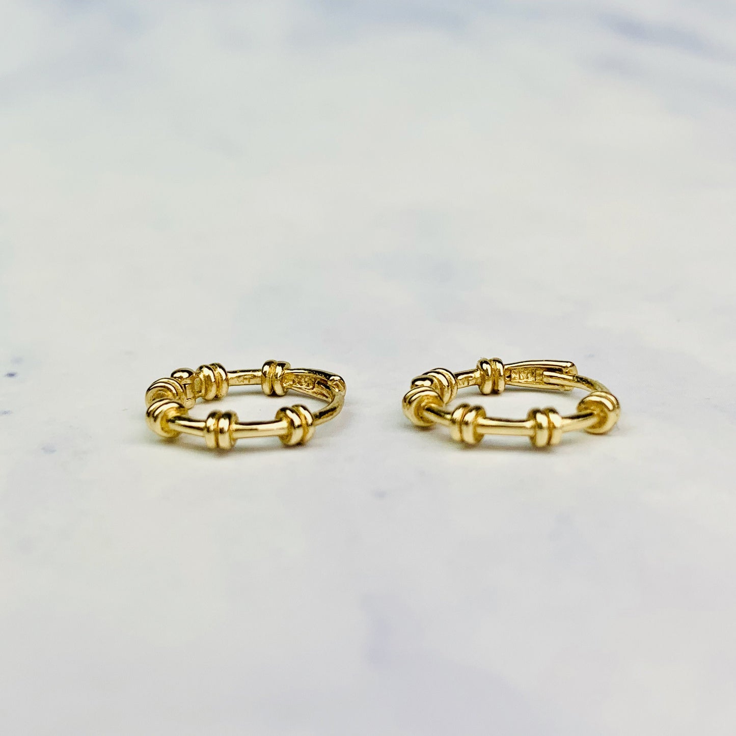 14K Yellow Gold Barbed Wire Hoop Earrings / Mini Huggies