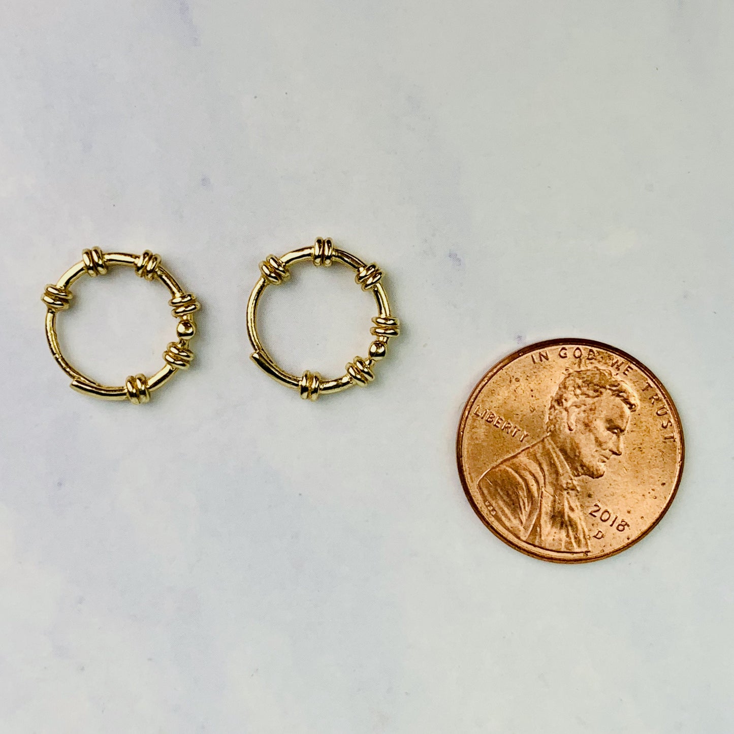 14K Yellow Gold Barbed Wire Hoop Earrings / Mini Huggies