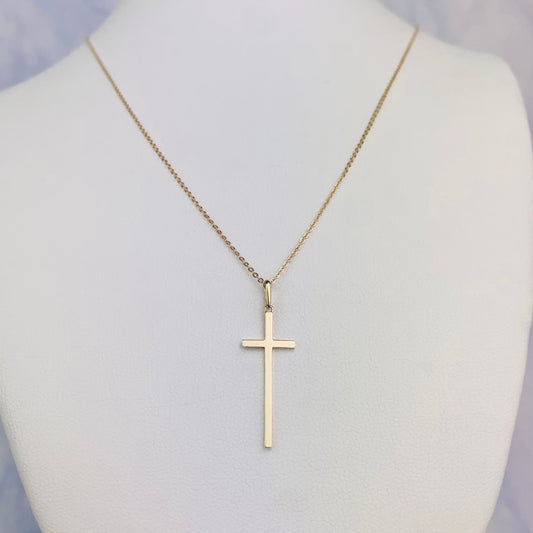 14K Solid Yellow Gold Cross Charm / Pendant 26mm x 10mm optional 14K Gold Cable Link Chain 16" or 18"