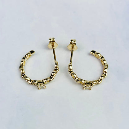 14K Yellow Gold Chain Link Brilliant Cubic Zirconia Hoop Earrings - Pushback - Solid Gold - Rolo Chain