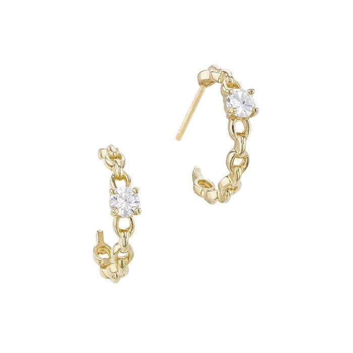 14K Yellow Gold Chain Link Brilliant Cubic Zirconia Hoop Earrings - Pushback - Solid Gold - Rolo Chain