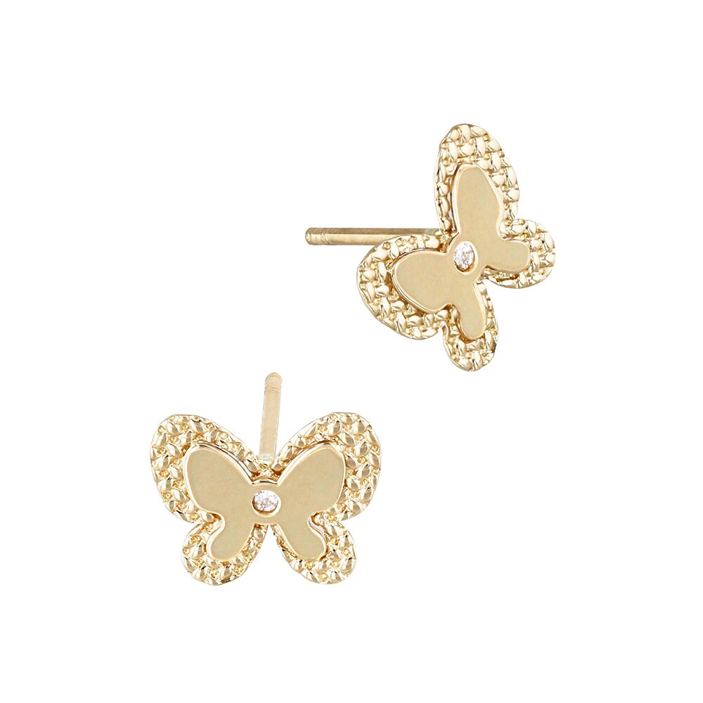 14K Solid Gold Small Butterfly CZ Stud Earrings