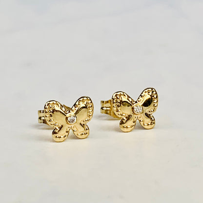 14K Solid Gold Small Butterfly CZ Stud Earrings